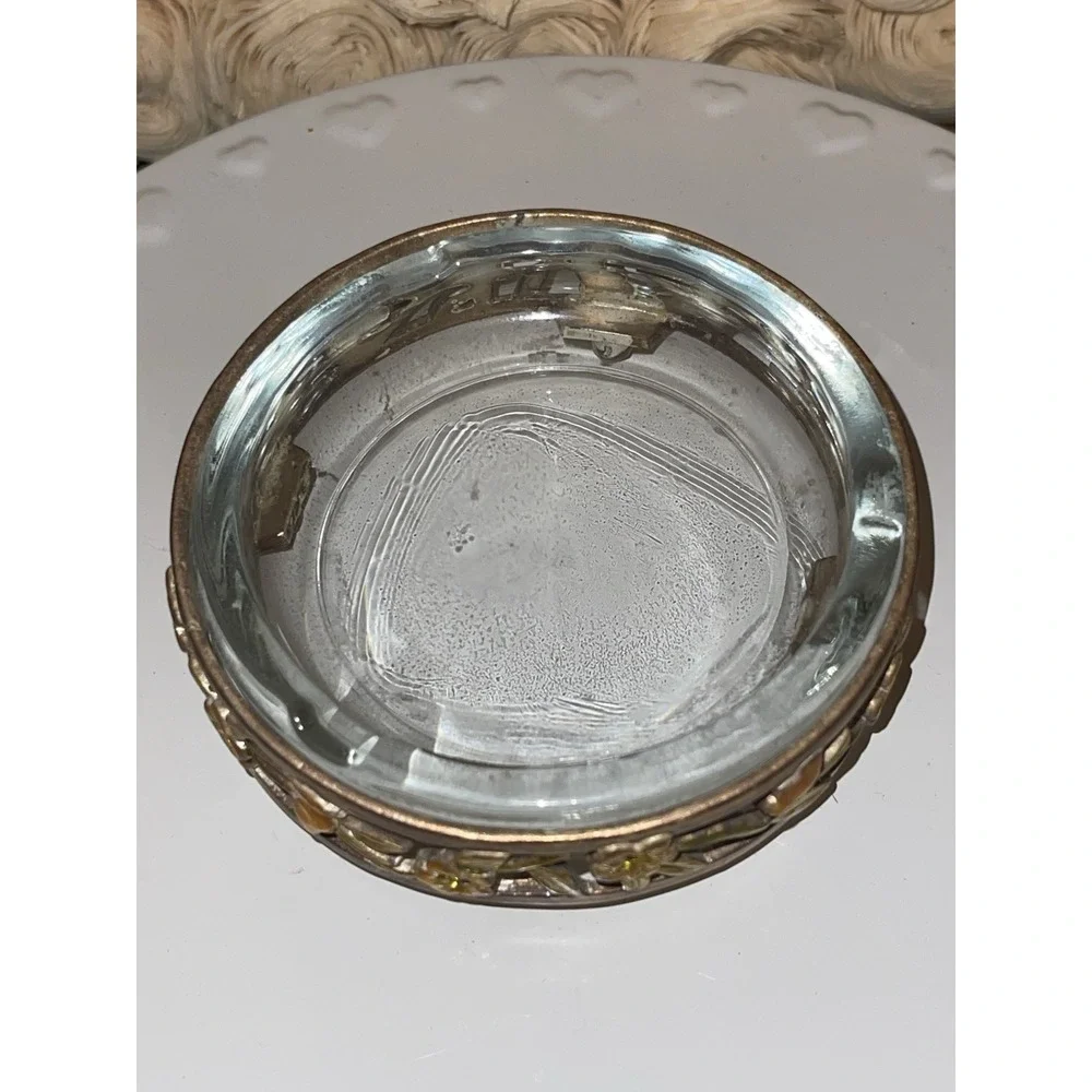 Vintage Clear Glass Ashtray With Gold‎ Tone Floral Ornate Footed Stand Holder